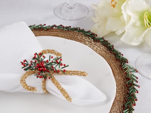 Fennco Styles Hand Beaded Holiday Candy Cane Napkin Rings, Set of 4 - Gold Glass Bead Napkin Holders for Dining Room, Banquet, Family Gathering, Christmas Décor and Special Occasion
