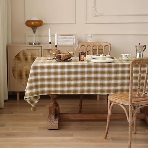 Fennco Styles Plaid Woven 100% Cotton Tablecloth with Pom Pom - Green Table Cover for Winter Holiday Décor, Banquet, Family Gathering and Special Occasion