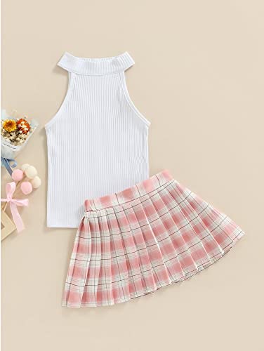 stylesilove Toddler Little Girls Solid Ribbed Tank Top & Plaid Mini Pleated Skirt 2pcs Summer Casual Dress Outfit