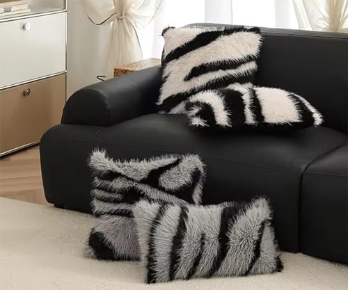 Fennco Styles Zebra Faux Fur Animal Design Decorative Throw Pillow Cover 18" W x 18" L – Black Stripe Plush Cushion Case for Couch, Bedroom, Living Room and Office Décor