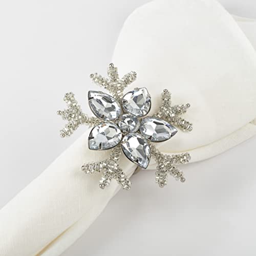 Fennco Styles Beaded Snowflake Holiday Napkin Rings, Set of 4 - Silver Jeweled Napkin Holders for Home Décor, Christmas, Banquets, Weddings and Special Occasions