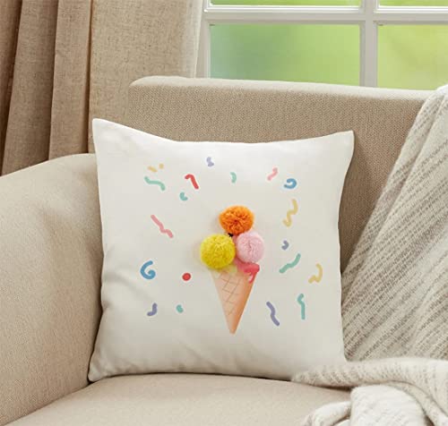 Fennco Styles Rainbow & Stars Pom Pom Decorative Filled Throw Pillow 16" W x 16" L - Multicolored Cushion for Kids Room, Playroom, Bedroom, Living Room, Nursery, Office Décor