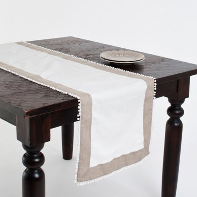Fennco Styles Ivory and Tan Pompom Bordered Linen Blend Tablecloth