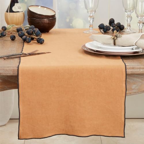 Fennco Styles Stonewashed Stitch Border Table Runner 16" W x 72" L - 100% Linen Solid Color Table Cover for Home, Dining Table Décor, Holidays, Banquets, and Special Occasions