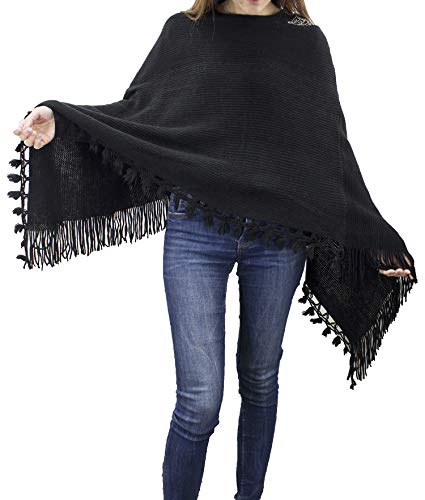 stylesilove Women Color Block Fringe Tassel Poncho Sweater Pullover Cardigan Wrap Topper for Warm Seasons