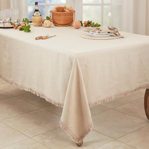 Fennco Styles Stonewashed Fringe Design 100% Linen Tablecloth - Ivory Table Cover for Holidays, Dining Table, Everyday Use, Banquets and Special Occasion