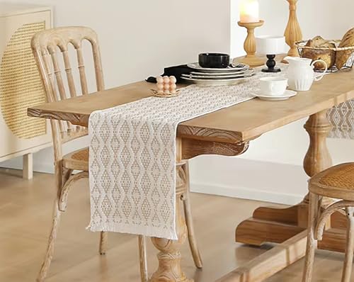 Fennco Styles Modern Diamond Woven Table Runner 14" W x 72" L - Ivory Geometric Fringe Table Mats for Dining Room, Banquets, Family Gatherings, and Holidays