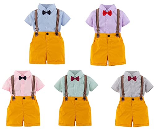 stylesilove Toddler Boys Classic Button Down Shirt and Shorts, Suspenders, Bowtie 4pcs Gentleman Suit Cotton Overalls Outfit