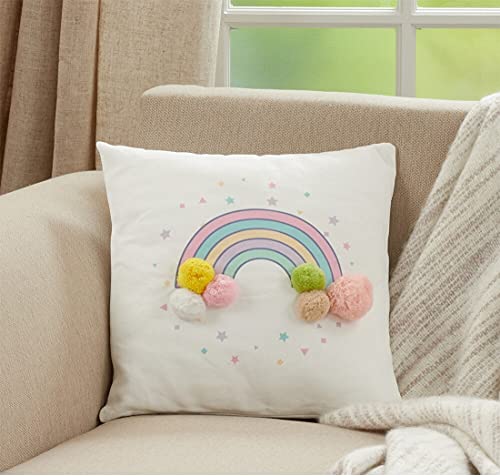 Fennco Styles Rainbow & Stars Pom Pom Decorative Filled Throw Pillow 16" W x 16" L - Multicolored Cushion for Kids Room, Playroom, Bedroom, Living Room, Nursery, Office Décor