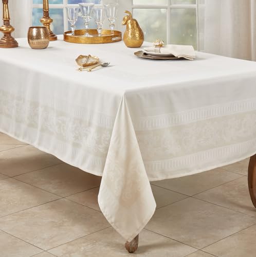 Fennco Styles Ecru Jacquard Floral Tablecloth 65" W x 90" L Rectangle Flower Table Cover