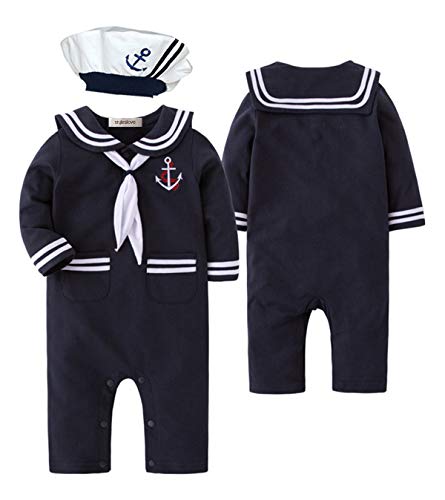 stylesilove.com Baby Boy Marine Sailor Cotton Romper Onesie with Hat and Necktie 3pcs Holiday Outfit