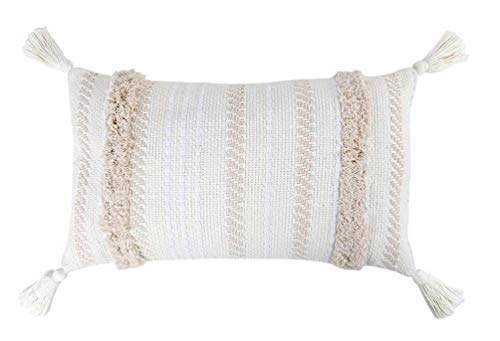 Fennco Styles Handmade Tufted Woven Tassel Decorative Throw Pillow Cover 12" W x 20" L - White Boho Cushion Case for Home, Couch, Bedroom, Office Décor