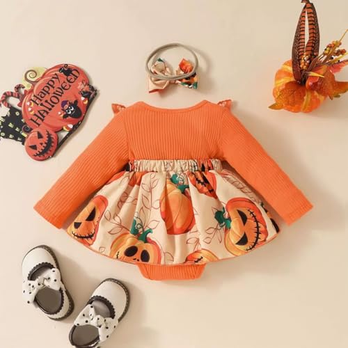 stylesilove Infant Baby Girl Orange Pumpkin Long Sleeve Lace Romper Dress & Bow Headband 2pcs Halloween Clothing Set