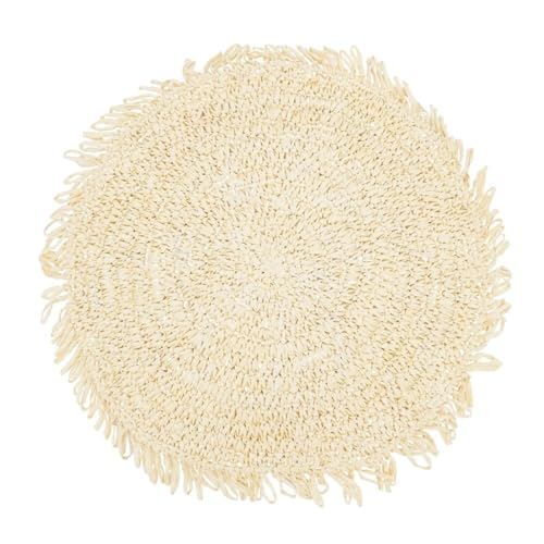 Fennco Styles Raffia Fringe Placemat 14" Round, Set of 4 - Black Woven Rustic Table Mat for Home, Dining Room, Banquets, Boho Decor, Family Gathering and Special Occasion