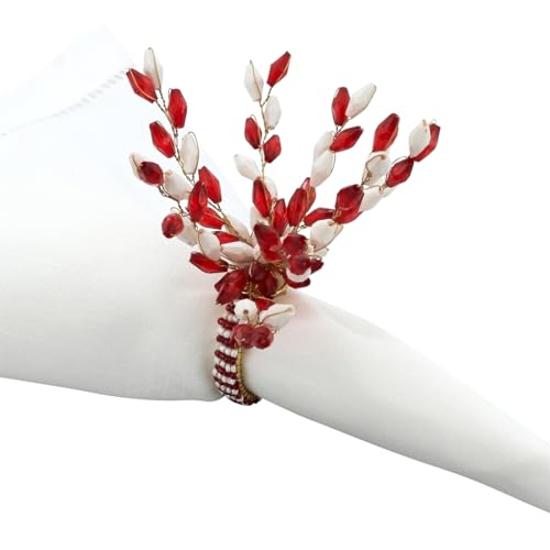 Fennco Styles Glamorous Beaded Festive Decorative Napkin Rings, Set of 4 - Red & White Holiday Napkin Holders for Dining Table, Banquets, Christmas Décor and Special Occasions