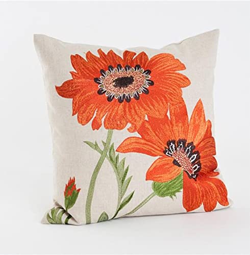 Fennco Styles Le Tournesol Embroidered Sunflower Decorative Throw Pillow, Filler Included, 18-Inch Square - Red Flower Cotton Linen Pillow for Home, Couch, Living Room and Bedroom Décor