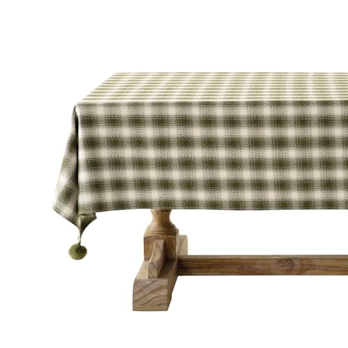 Fennco Styles Plaid Woven 100% Cotton Tablecloth with Pom Pom - Green Table Cover for Winter Holiday Décor, Banquet, Family Gathering and Special Occasion
