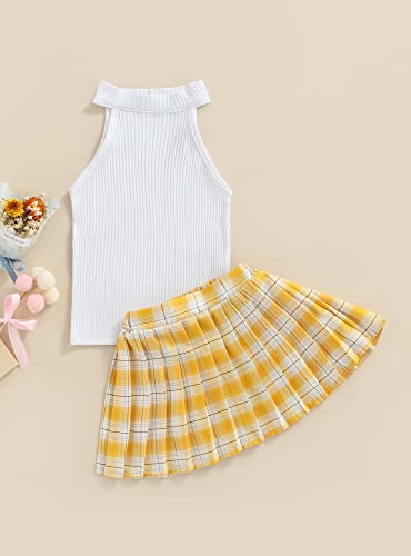 stylesilove Toddler Little Girls Solid Ribbed Tank Top & Plaid Mini Pleated Skirt 2pcs Summer Casual Dress Outfit