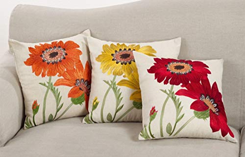Fennco Styles Le Tournesol Embroidered Sunflower Decorative Throw Pillow, Filler Included, 18-Inch Square - Red Flower Cotton Linen Pillow for Home, Couch, Living Room and Bedroom Décor