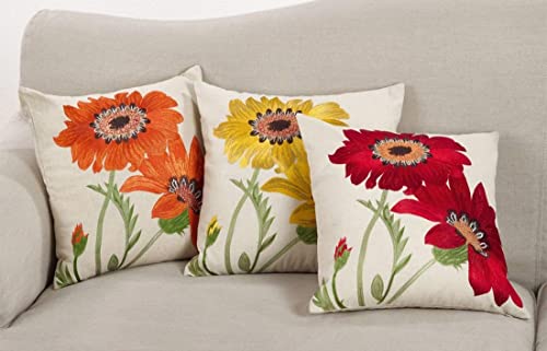 Fennco Styles Le Tournesol Embroidered Sunflower Decorative Throw Pillow, Filler Included, 18-Inch Square - Red Flower Cotton Linen Pillow for Home, Couch, Living Room and Bedroom Décor