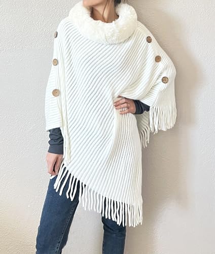stylesilove Women Solid Knitted Faux Fur Collar Poncho with Fringe Pullover Cardigan Soft Wrap for Fall Winter Seasons