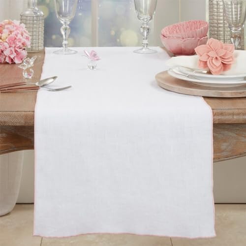 Fennco Styles Stonewashed Stitch Border Table Runner 16" W x 72" L - 100% Linen Solid Color Table Cover for Home, Dining Table Décor, Holidays, Banquets, and Special Occasions