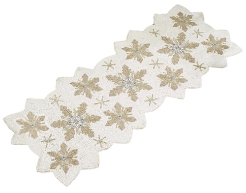 Fennco Styles Exquisite Hand Beaded Christmas Snowflake Table Runner 13" W X 35" L - White Table Cover for Holiday, Home Décor, Banquets and Special Occasions
