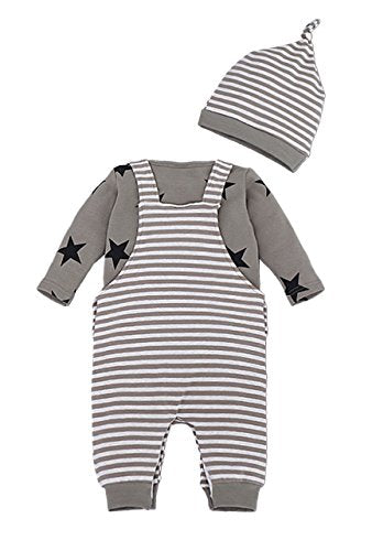 stylesilove Stripe and Stars Baby Boy T-Shirt, Overalls and Hat 3-pc