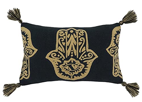 Fennco Styles Hamsa Hand Embroidered Tassel Cotton Decorative Throw Pillow 20" W x 20" L – Black Square Cushion for Home, Couch, Sofa, Bedroom, Office Décor and Special Occasion