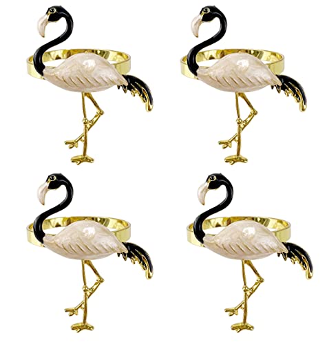 Fennco Styles Enamel Glazed Flamingo Metal Napkin Rings, Set of 4 - Beige Decorative Napkin Holders for Home, Dining Room, Banquets, Family Gatherings, Holidays and Special Occasions