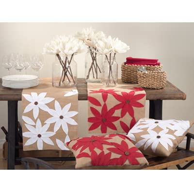 Fennco Styles Holiday Poinsettia Design 100% Jute Table Runner 16" W x 72" L - Red Floral Burlap Table Cover for Christmas, Dining Table, Banquets, Family Gatherings and Special Occasion