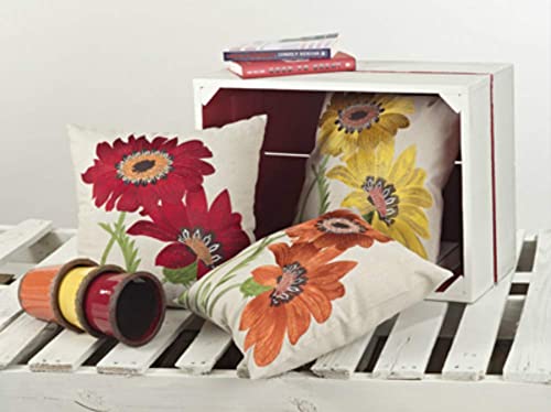 Fennco Styles Le Tournesol Embroidered Sunflower Decorative Throw Pillow, Filler Included, 18-Inch Square - Red Flower Cotton Linen Pillow for Home, Couch, Living Room and Bedroom Décor