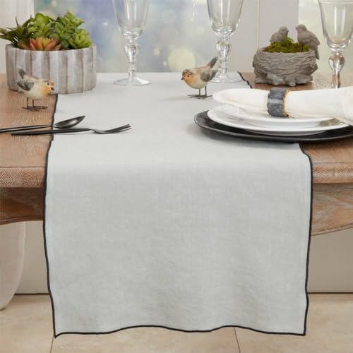 Fennco Styles Stonewashed Stitch Border Table Runner 16" W x 72" L - 100% Linen Solid Color Table Cover for Home, Dining Table Décor, Holidays, Banquets, and Special Occasions