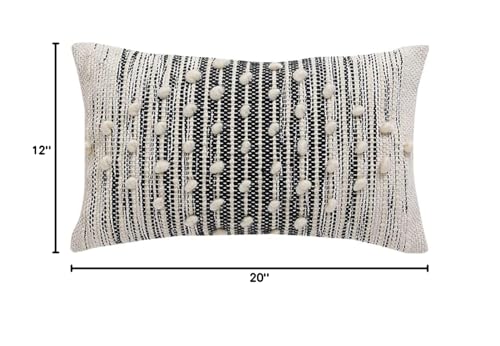 Fennco Styles Handwoven Striped Pom Pom Cotton Wool Decorative Throw Pillow 18" W x 18" L - Black & White Textured Cushion for Home, Couch, Bedroom, Living Room and Office Décor