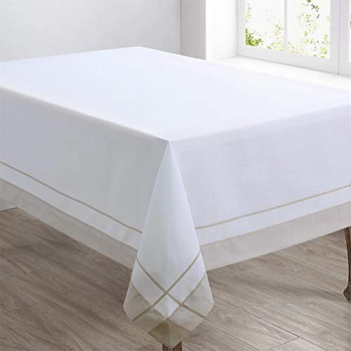 Fennco Styles Neutral Banded Border Design Tablecloth - Decorative Table Cover for Everyday Use, Dining Table Décor, Banquets, Family Gatherings and Special Occasions
