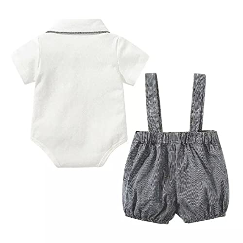 stylesilove Baby Boys Short Sleeve Collared Bodysuit and Suspender Shorts, Bowtie 3pcs Gentleman Set Cotton Overalls Outfit