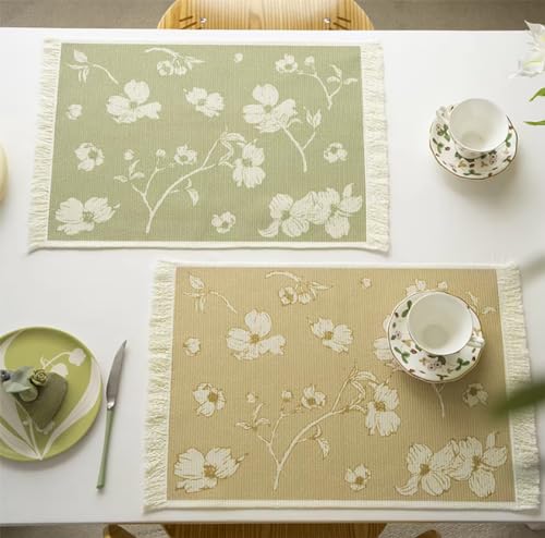 Fennco Styles Floral Printed with Fringe Placemats 14" W x 19" L, Set of 4 - Yellow Flower Table Mats for Dining Room, Banquets, Family Gatherings, and Holidays