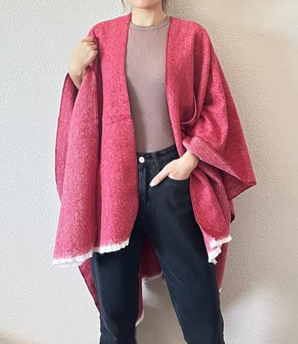 stylesilove Women Elegant Solid Color Fringe Poncho Open Front Shawl Cape Ultra Warm Wrap for Autumn Winter Season