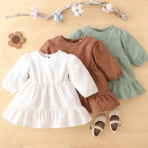 stylesilove Baby Toddler Girls Solid Ruffle Hem Long Puff Sleeve Corduroy Dress Princess Casual Spring Fall Outfit