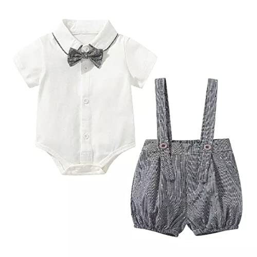 stylesilove Baby Boys Short Sleeve Collared Bodysuit and Suspender Shorts, Bowtie 3pcs Gentleman Set Cotton Overalls Outfit