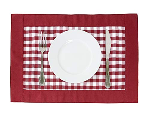 Fennco Styles Handmade Reversible Buffalo Plaid Solid Border Placemats 14" W x 20" L, Set of 4 - Check Farmhouse Table Mats for Home, Dining Table, Banquet, Gathering and Special Occasion