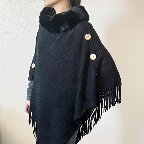 stylesilove Women Solid Knitted Faux Fur Collar Poncho with Fringe Pullover Cardigan Soft Wrap for Fall Winter Seasons