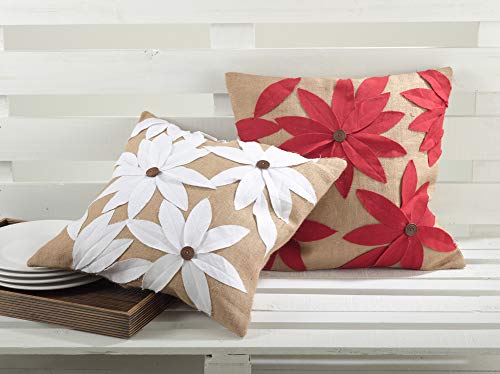 Fennco Styles Poinsettia Holiday Flower Design Cotton Jute Throw Pillow 18"W x 18"L - Natural Cushion for Couch, Living Room, Christmas and Office Decor