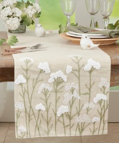 Fennco Styles Embroidered White Flowers Linen Blend Table Runner 16" W x 70" L - Floral Design Natural Table Cover for Home Décor, Dining Table, Banquet, Everyday Use, Family Gatherings