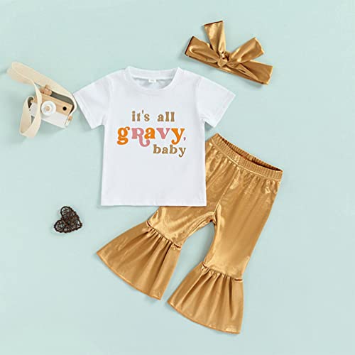 stylesilove Toddler Kid Girls It's All Gravy Baby Short Sleeve Tee & Flare Pants & Headband 3pcs Gold Outfit