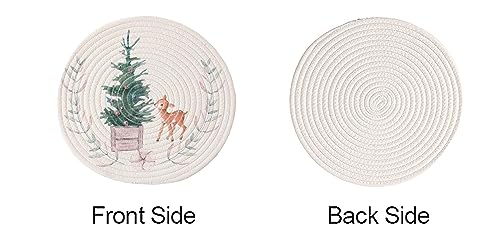 Fennco Styles Rabbit & Botanical Print Cotton Blend Woven Placemats 12" Round, Set of 4 - Cartoon Animal Design White Table Mats for Home Décor, Dining Table, Banquet, Holiday and Family Gathering
