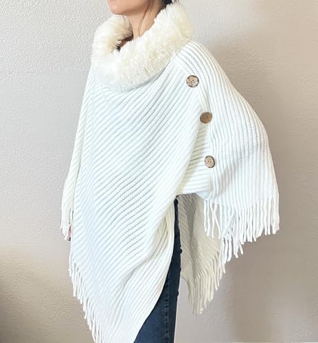 stylesilove Women Solid Knitted Faux Fur Collar Poncho with Fringe Pullover Cardigan Soft Wrap for Fall Winter Seasons