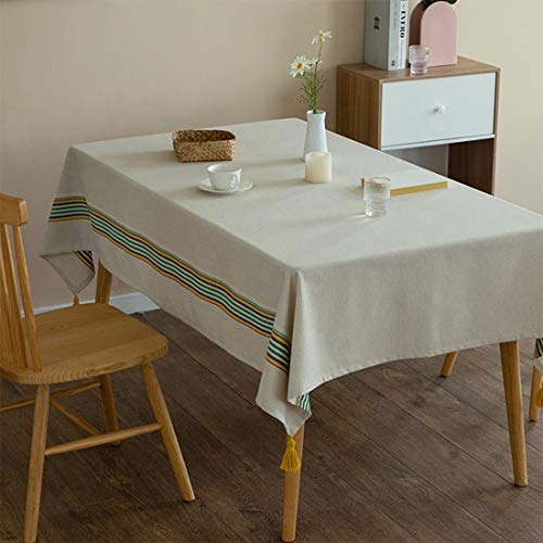 Fennco Styles Classic Striped Tassel Woven Tablecloth 55" W x 55" L - Ivory Table Cover for Banquets, Holiday, Special Events, Home, Dining Room Décor and Everyday Use
