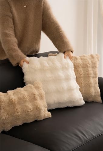 Fennco Styles Luxury Faux Fur Decorative Filled Throw Pillow 18" W x 18" L – Ivory Plush Fluffy Cushion for Couch, Bedroom, Living Room and Office Décor