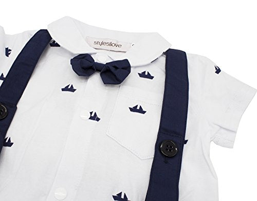 stylesilove Sailor Boat Print Faux Suspender Formal Wear Baby Boys Short Sleeve Romper Outfit